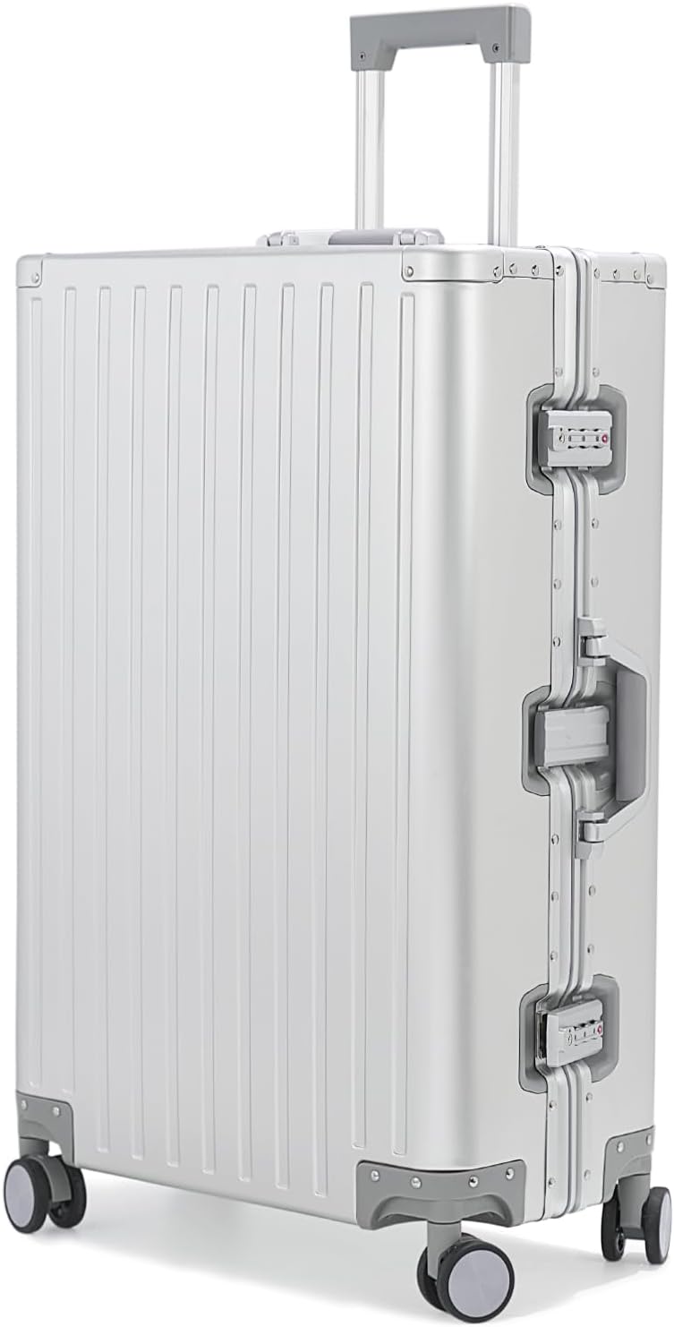 28-inch Aluminum Checked Suitcase: Silver - Full Metal Shell - Crush-Resistant & Burst-Proof,  & Spinner Wheels for Business Travel - Men Women