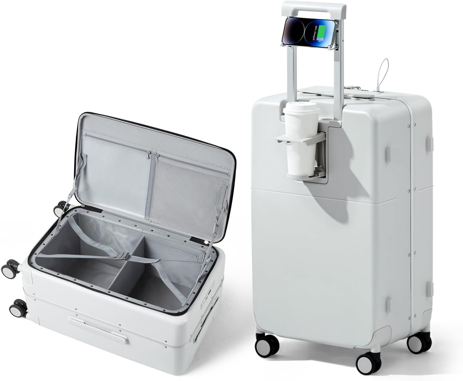 24 Inch Checked Luggage,Top Opening Hard Shell Suitcases with Wheels,Hard Case Travel Luggage with Lock and Cup Holder,Smoke White