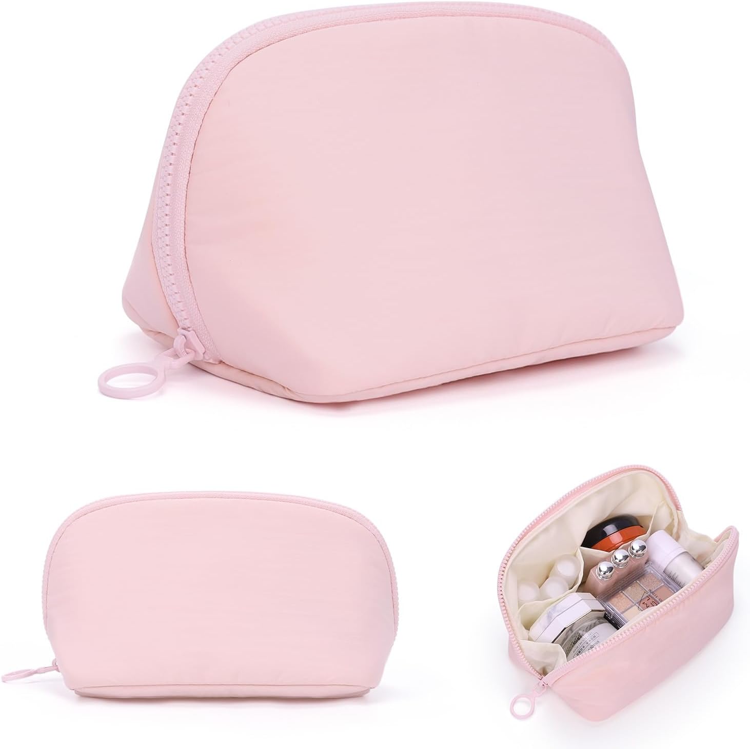 Small Makeup Bag Travel Toiletry Bag - Puffy Padded Make Up Bags for Women, Cute Cosmetic Organizer Case with Wide-Open, Quilted Pouch Purse for Essentials, Accessories, Brushes (Pink, Small)