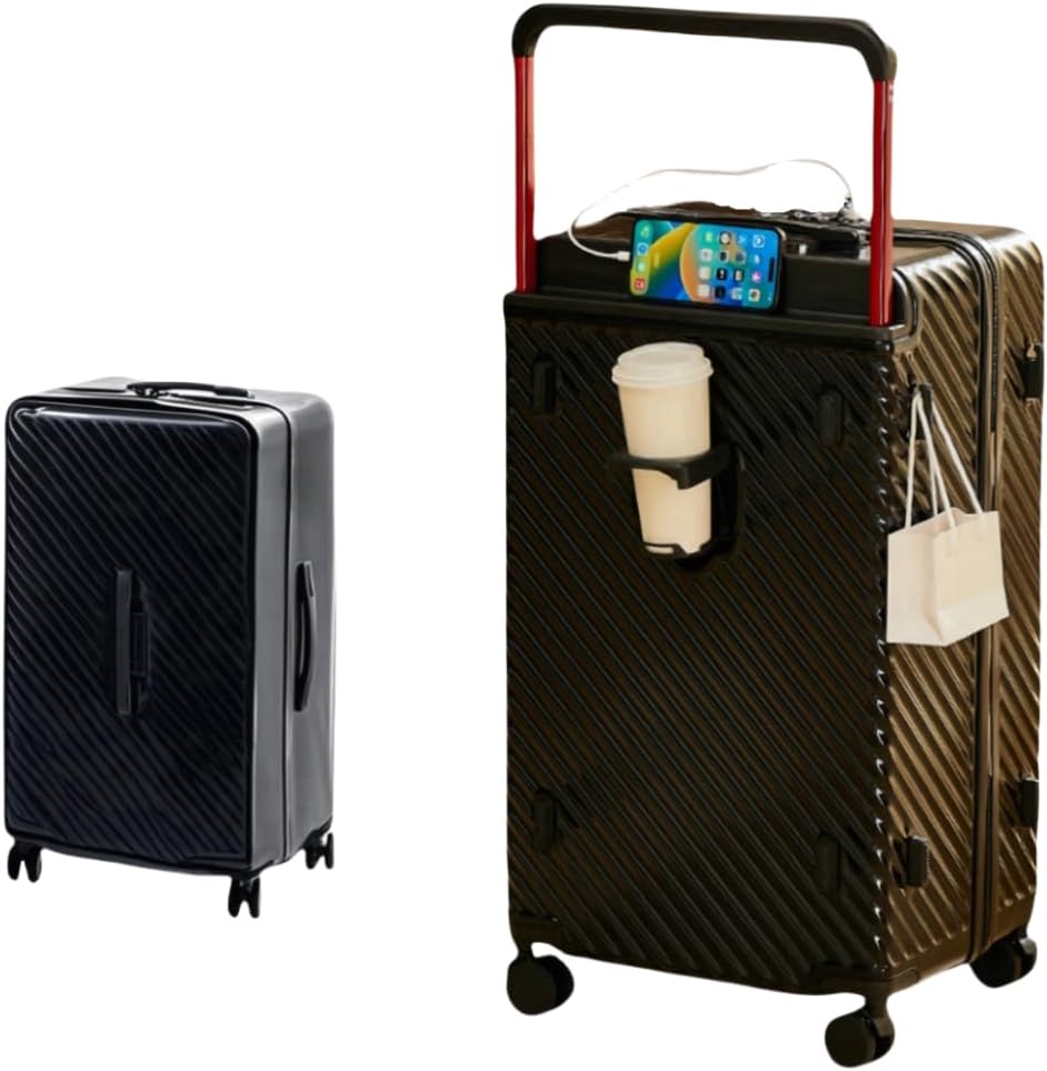 Carry On Luggage 20In Wide Handle with 360 Spinner Wheels, USB & Type C Port, Cup Holder & , Hard Case Luggage, Hardshell Travel Suitcase for Men Women (PVC Cover For Free) Black