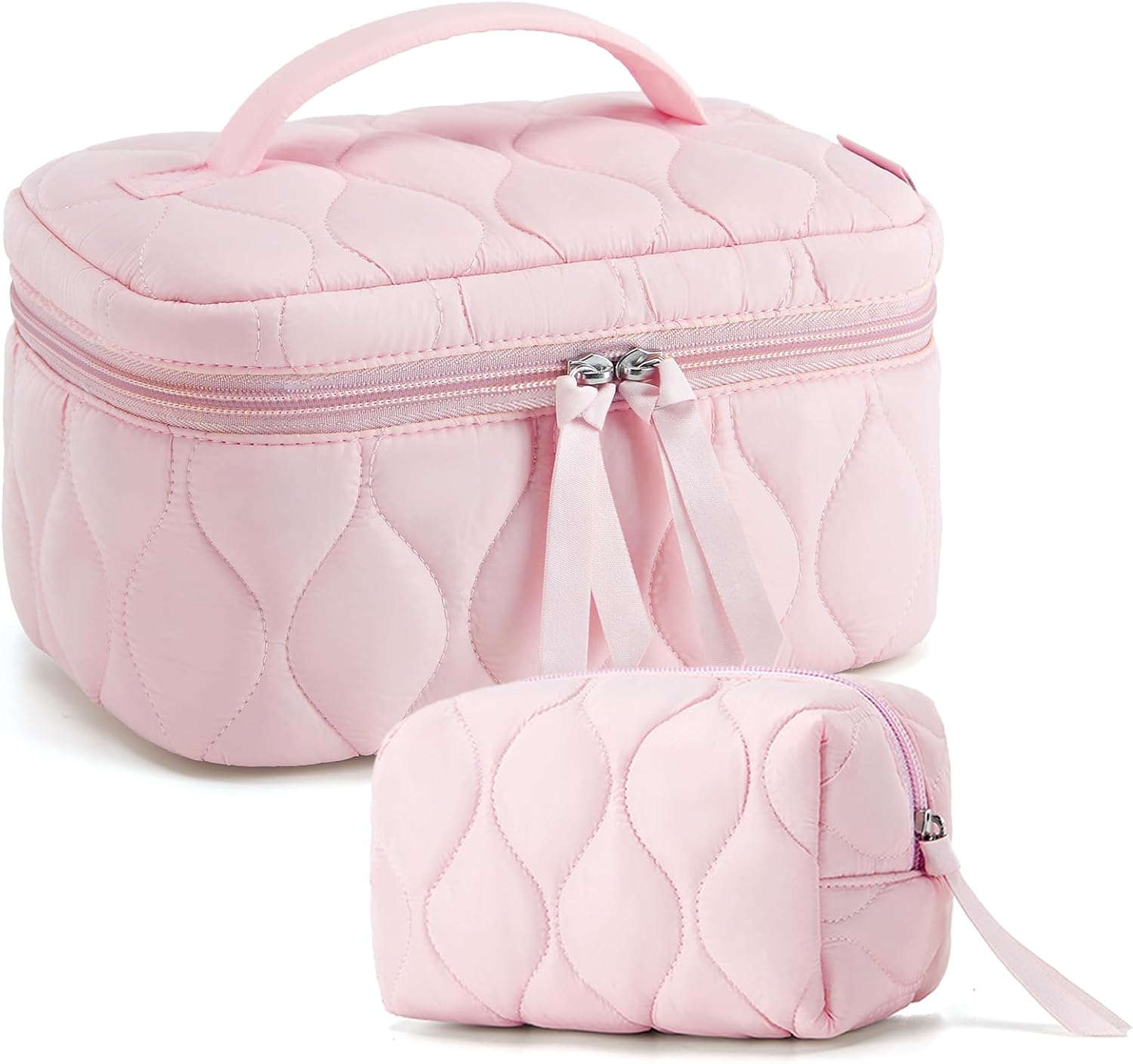 Travel Makeup Bag, 2-Piece Puffy Quilted Cute Make Up Bag Cosmetic Bags for Women, Large Wide-Open Toiletry Pouch Gifts for Toiletries Accessories Travelling Essentials, Pink