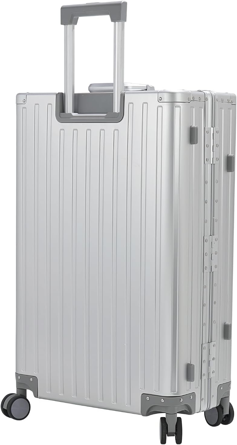 28-inch Aluminum Checked Suitcase: Silver - Full Metal Shell - Crush-Resistant & Burst-Proof,  & Spinner Wheels for Business Travel - Men Women - Image 2