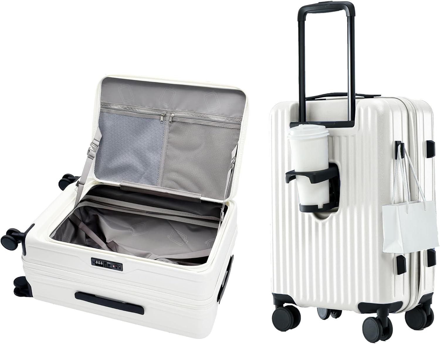 24 Inch Expandable Carry On Luggage with Cup Holder, Hardside TSA Approved Luggage with Spinner Wheels, Top Opening Suitcase For Travel, White