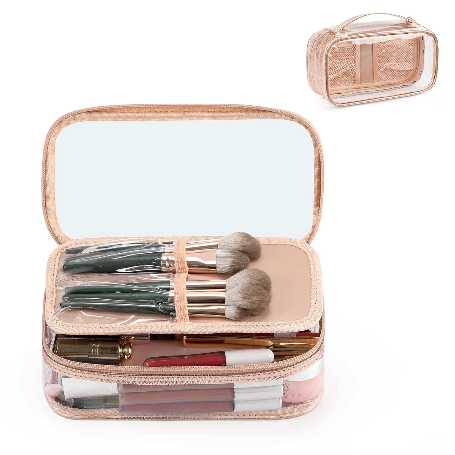 Clear Makeup Bag, Portable Makeup Storage Organizer Cosmetic Bag, Travel Makeup Bag Cute Clear Pouch For Women and Girls Cosmetics Bags with Divider Makeup Brush Compartment-Rose Gold