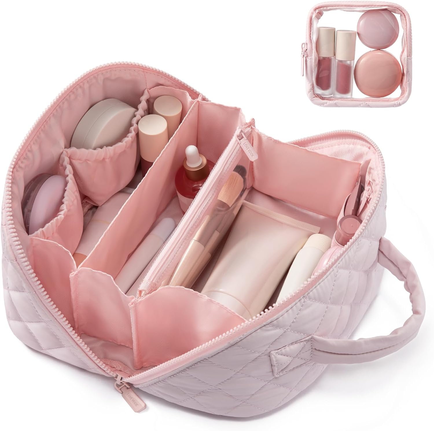 Travel Makeup Bag for Women, 2Pcs Set Puffer Waterproof Cosmetic Organizer, Large Capacity Pouch Open Flat Toiletry Bag with Divider & Handle, Portable Gift for Her, Pink