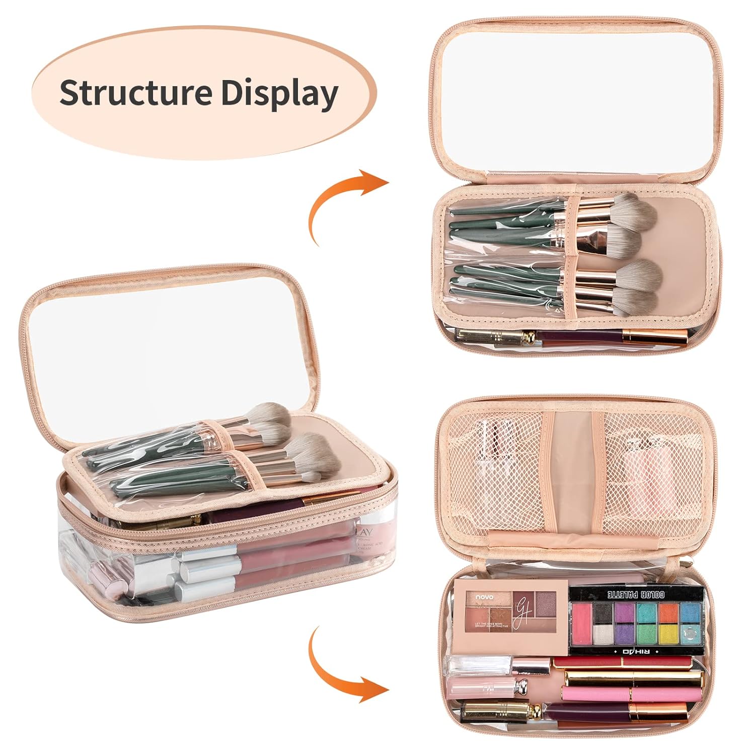 Clear Makeup Bag, Portable Makeup Storage Organizer Cosmetic Bag, Travel Makeup Bag Cute Clear Pouch For Women and Girls Cosmetics Bags with Divider Makeup Brush Compartment-Rose Gold - Image 2