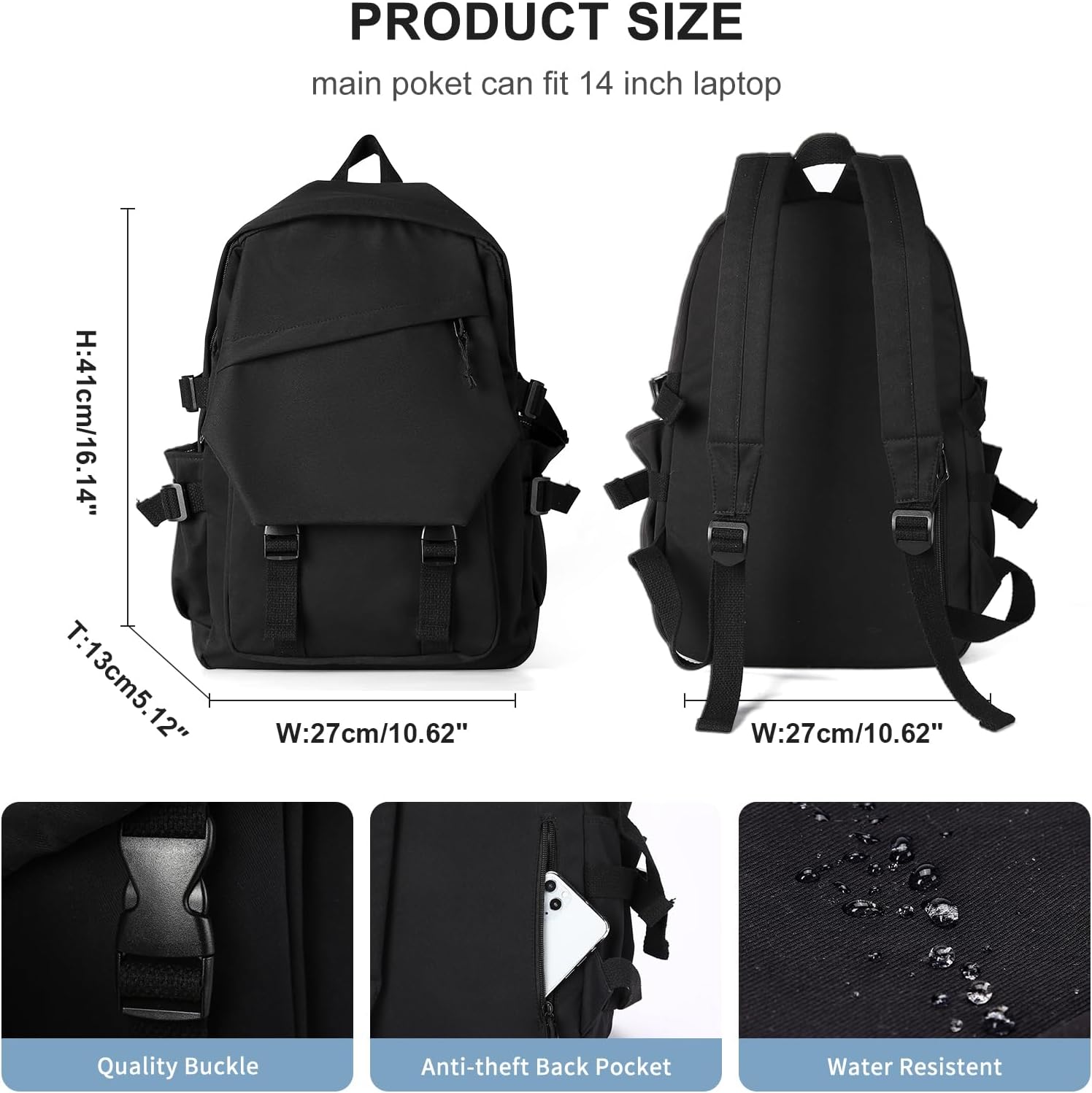 Backpack for Men Women  Bookbag Waterproof Lightweight Black Backpack  Book Bag Rucksack Casual Daypack  Bag for Boys - Image 2