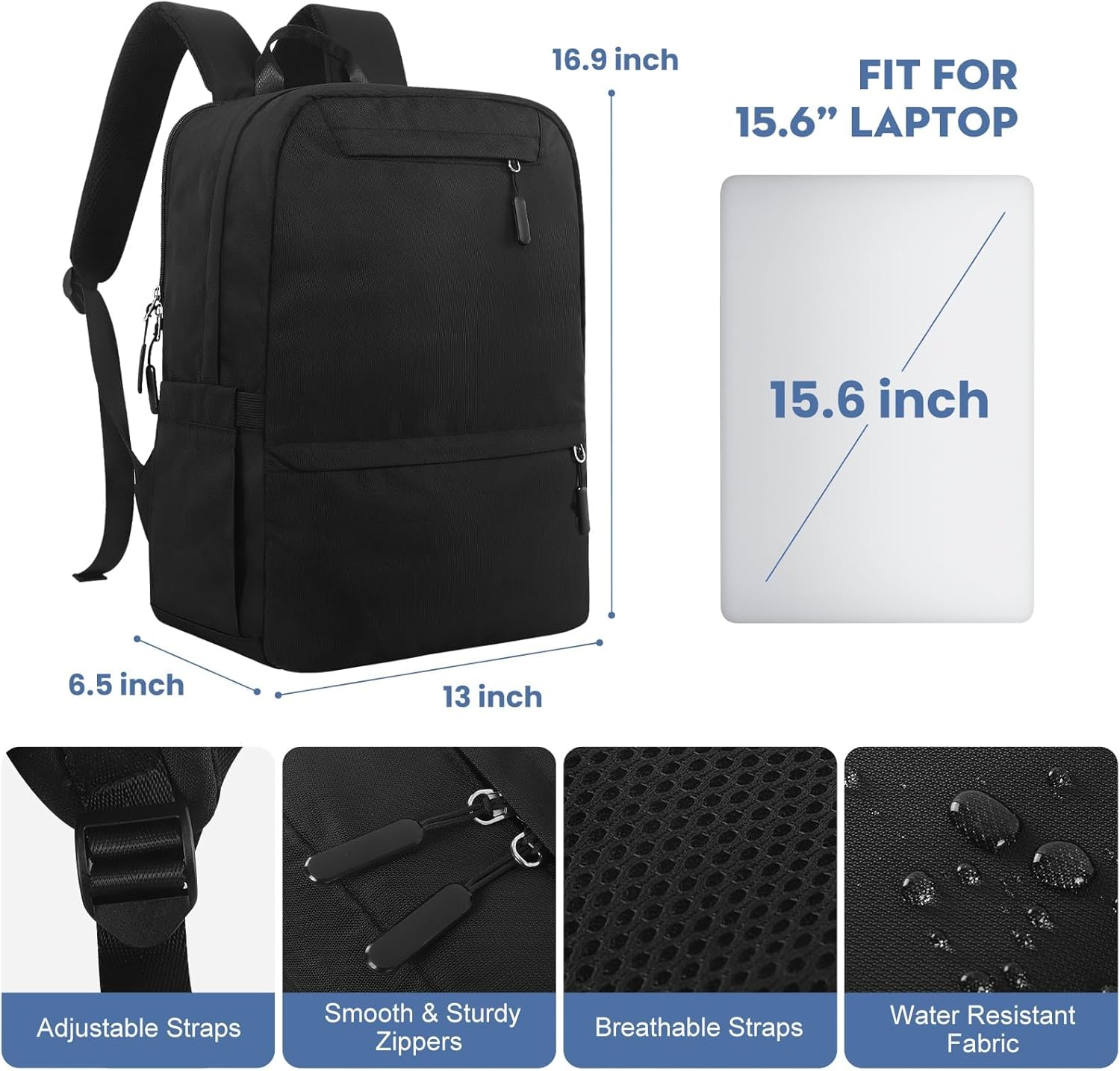 Backpacks for  Students, Black Backpack for Men,  Back pack for Teens, Water Resistant Bookbag Travel Laptop Back Pack 15.6 inch,Mens Work Bags Personal - Image 2