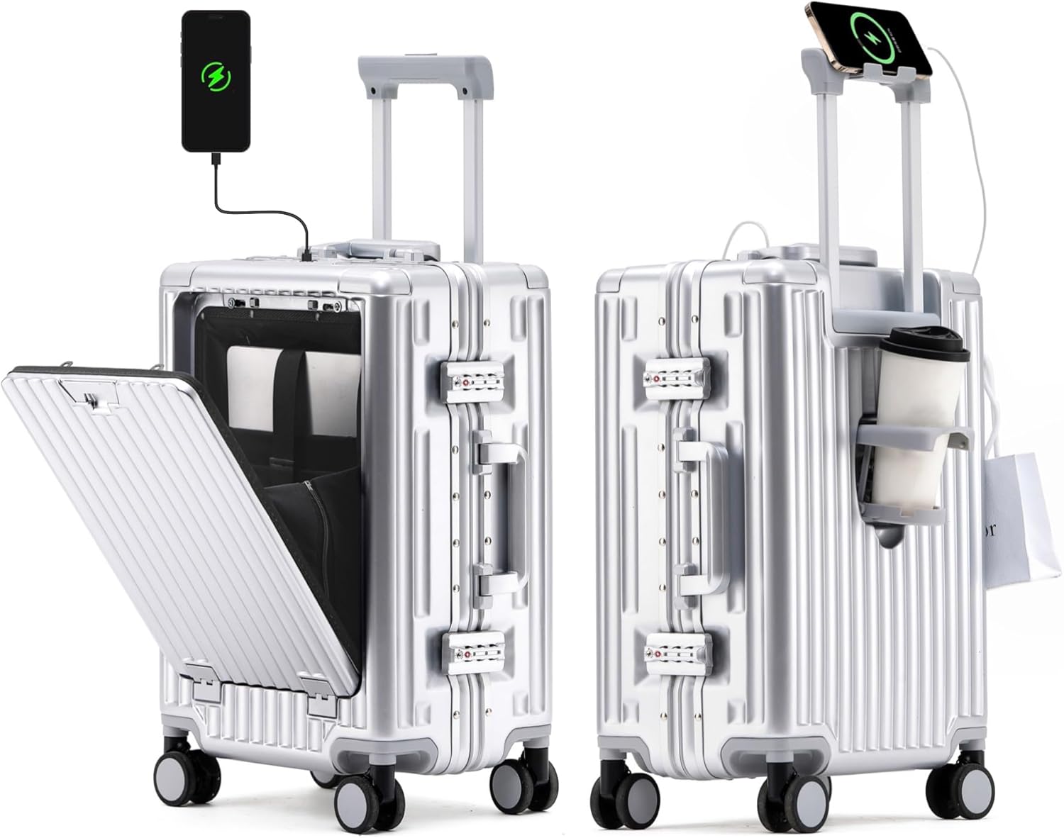 24 Inch Checked In Luggage with Cup Phone Holder and Laptop Compartment, PC Hard Shell Suitcase with Spinner Wheels and USB Port, Large Luggage for Business Travel