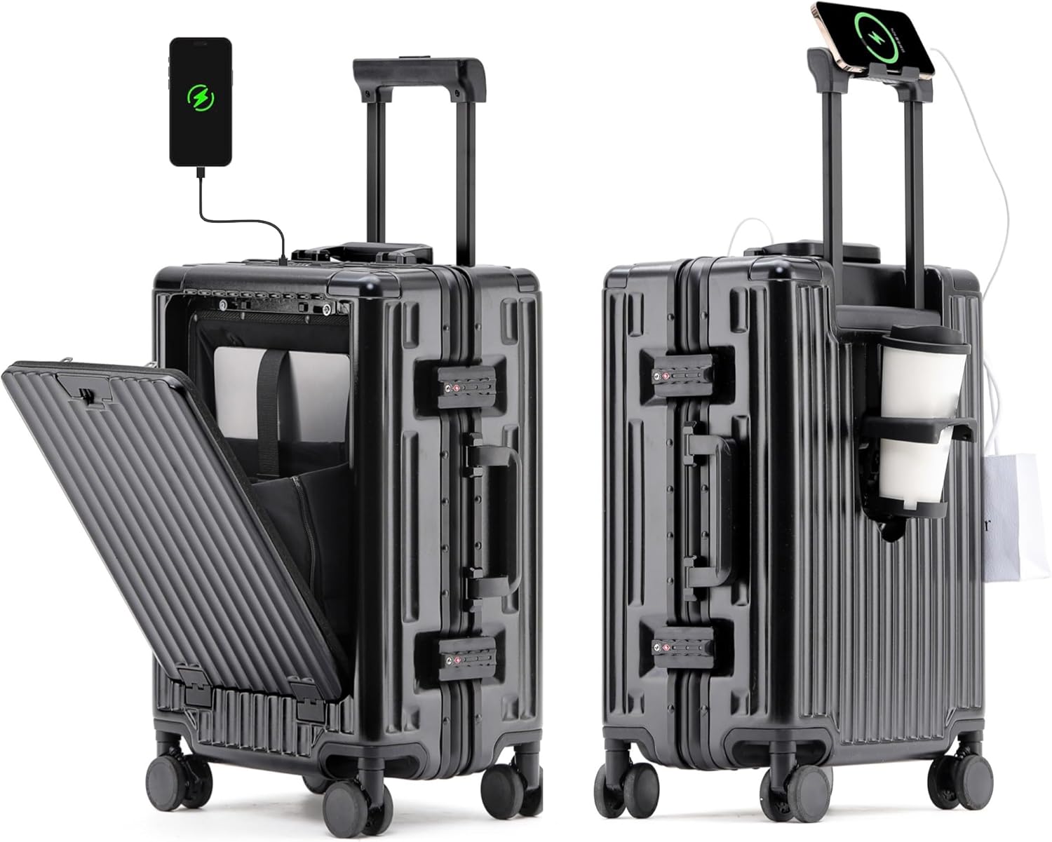 24 Inch Checked In Luggage with Cup Phone Holder and Laptop Compartment, PC Hard Shell Suitcase with Spinner Wheels and USB Port, Large Luggage for Business Travel