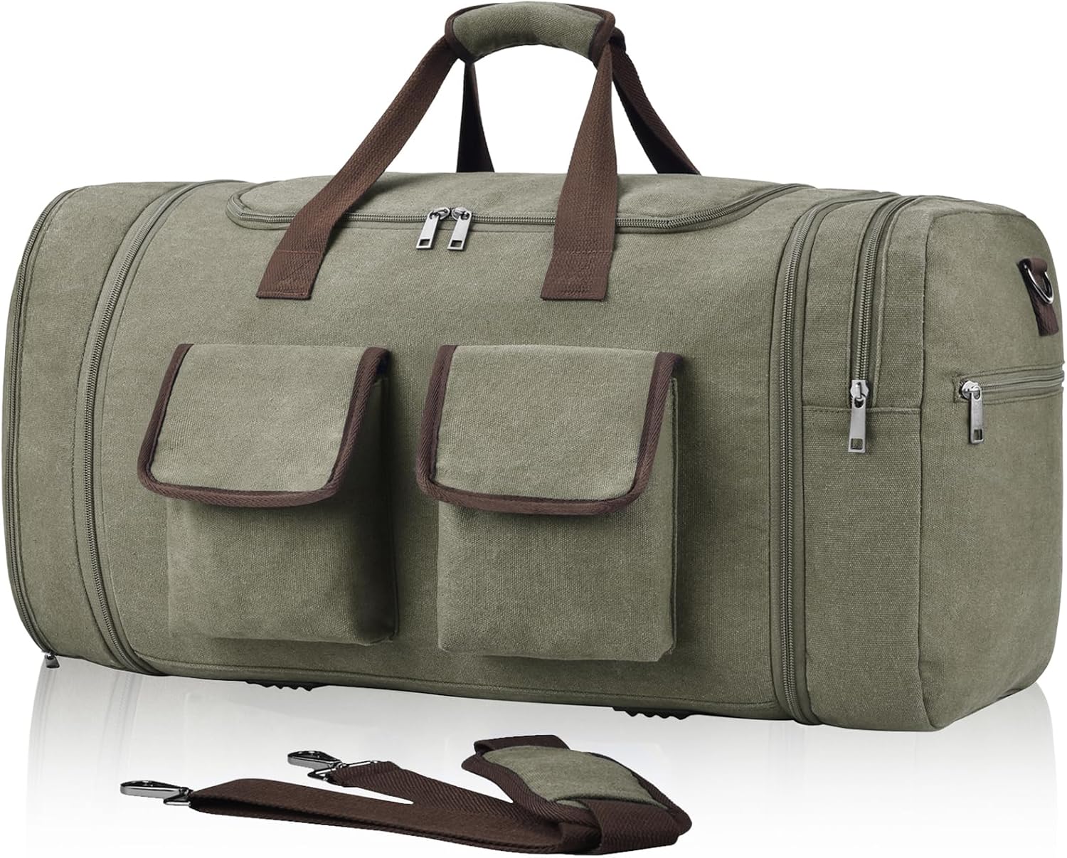 Large Duffle Bag for Travel, 60L Canvas Travel Duffel Bags Travel Bags Overnight Weekend Gym Bag Carry On Duffel Bag with Wet Dry Separation Pocket & Shoe Compartment(Army Green)