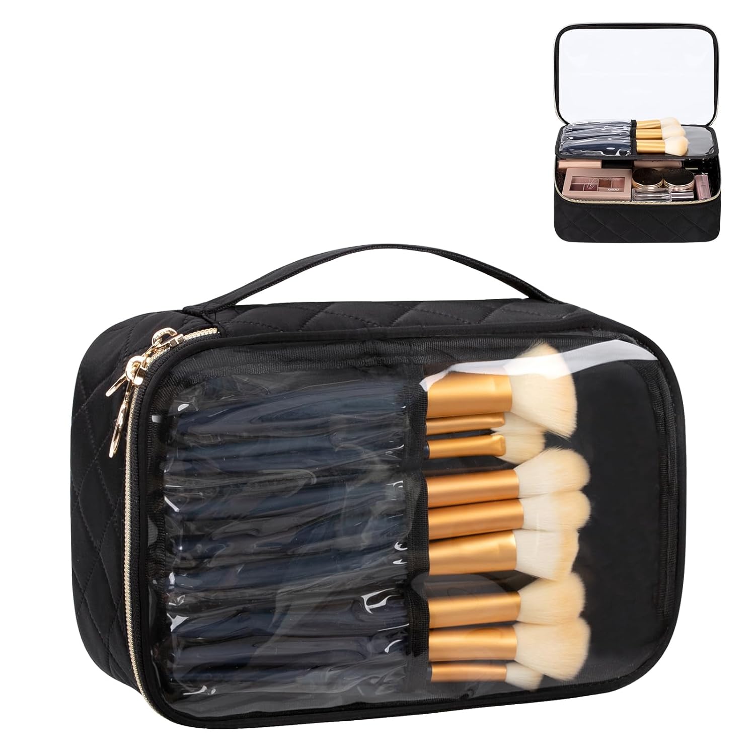 Clear Makeup Bag, Portable Cosmetic Organize,Travel Makeup Bag Cute Clear Pouch For Women and Girls Cosmetics Bags with Divider Makeup Brush Compartment-Large Black - Image 2