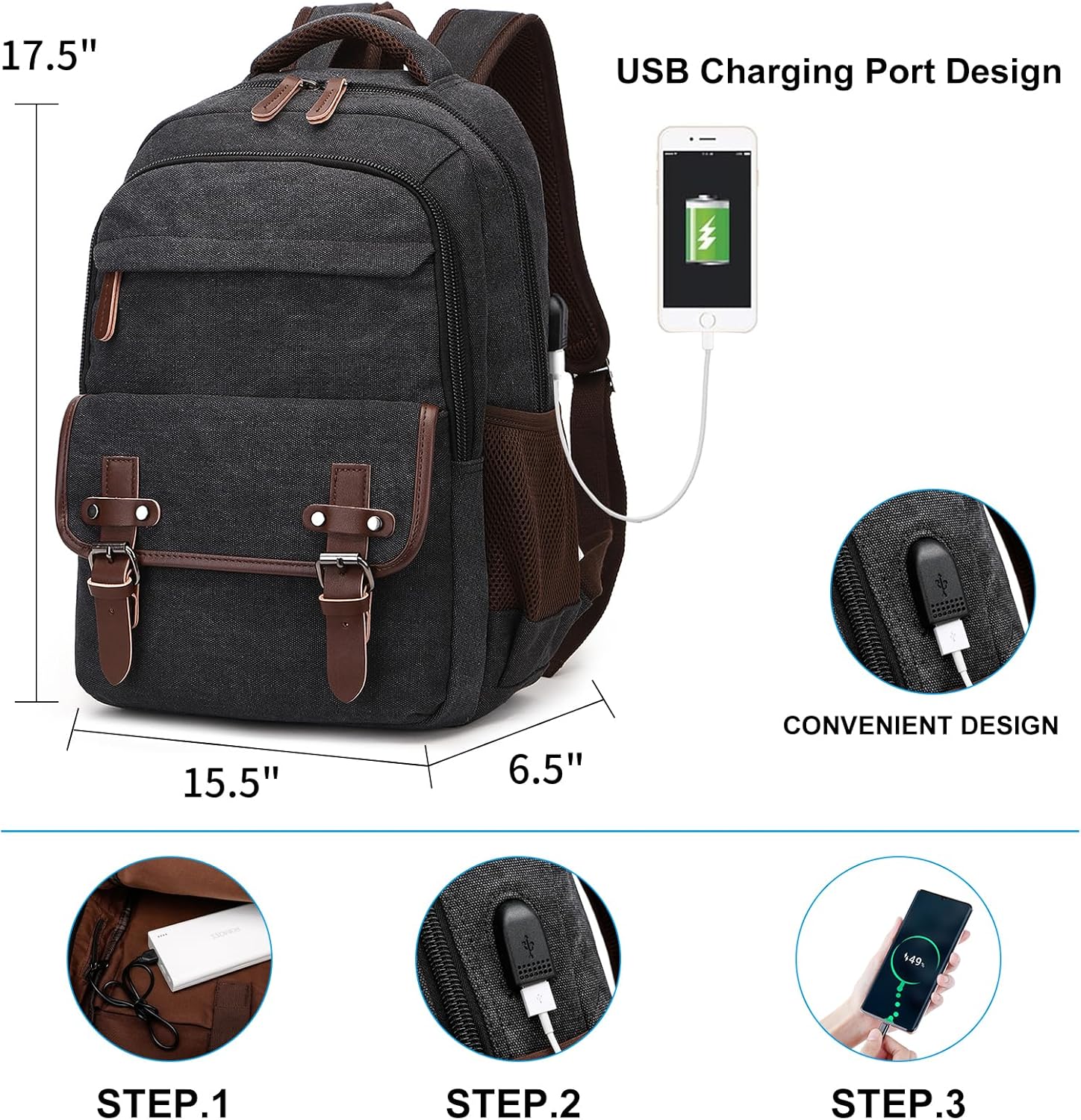 Canvas Laptop Backpack with USB Charging Port, Vintage Daypack for Men Women, Black Travel Work Rucksack  Computer Bag Bookbag Fits 15.6 Inch Lapop, Black - Image 2