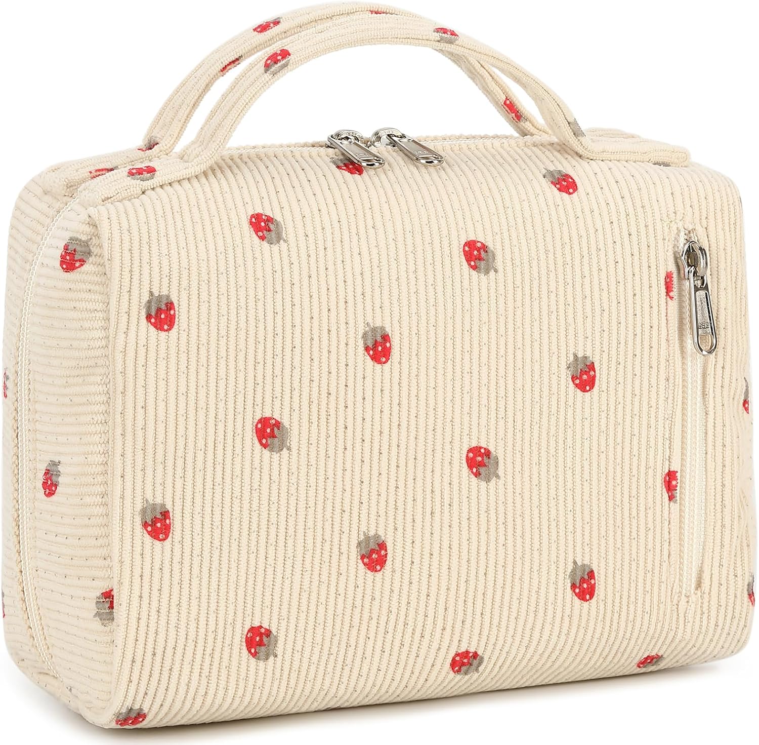 Makeup Bag Zipper Pouch Travel Toiletry Bag Portable Cosmetic Bag Organizer for Women and Girls(Strawberry Corduroy Beige)