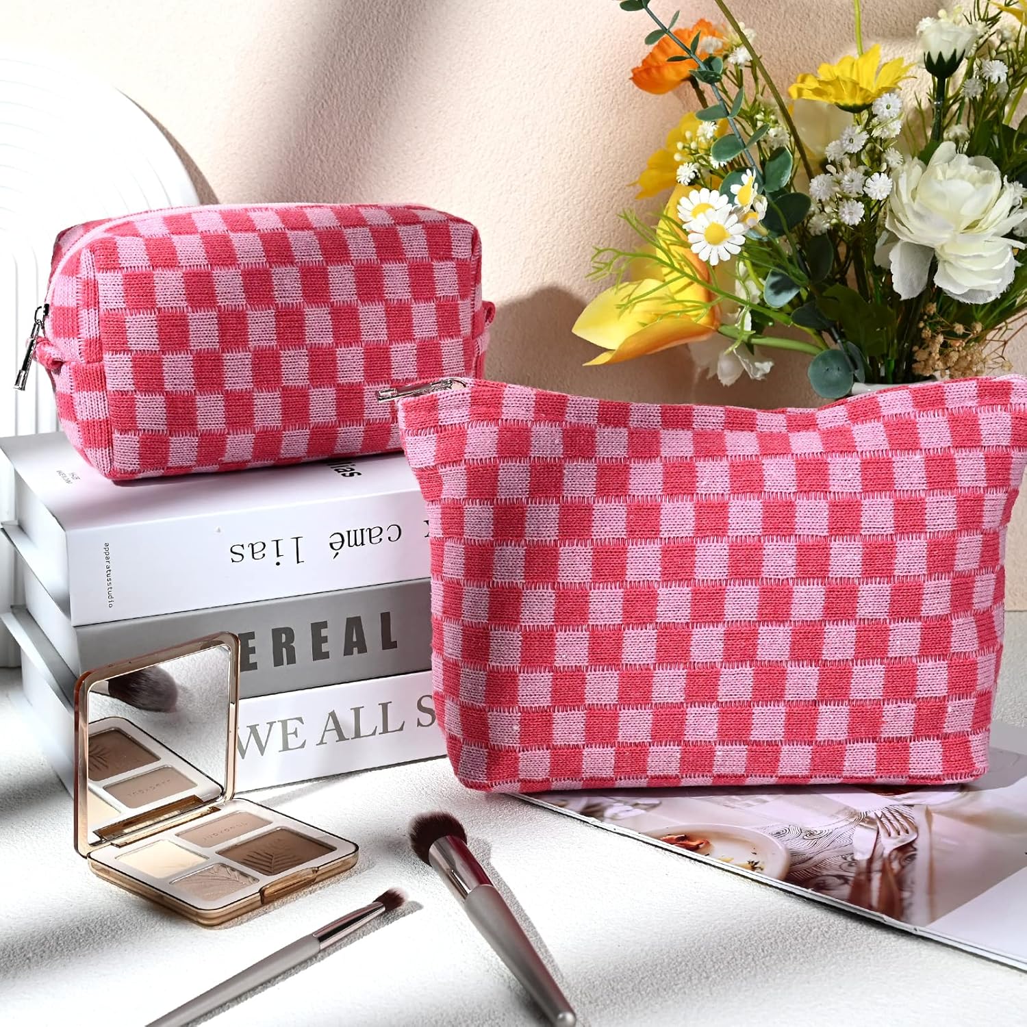2 Pieces Makeup Bag Large Checkered Cosmetic Bag Capacity Canvas Mix Travel Toiletry Bag Organizer Cute Makeup Brushes Aesthetic Accessories Storage Bag for Women, Checkered Mix Rose Red - Image 2
